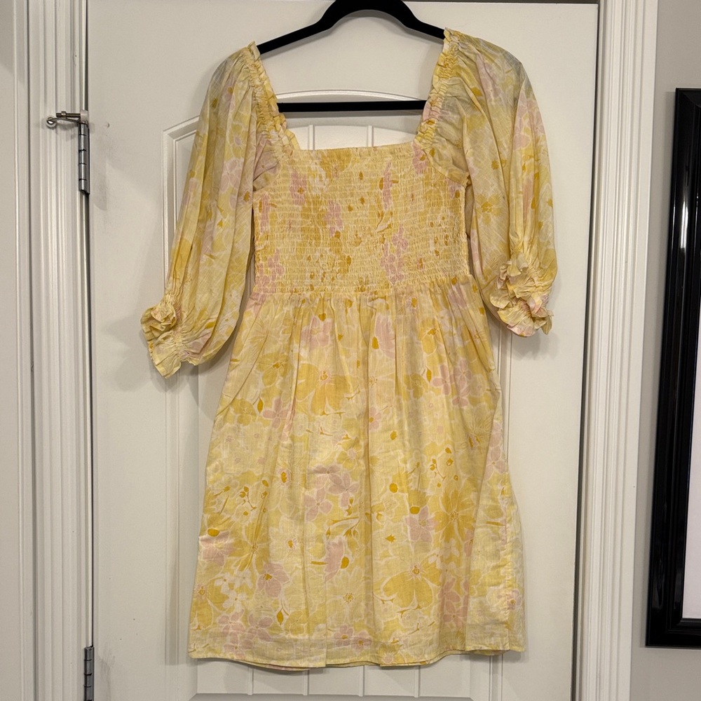 Billabong Floral Yellow and Pink Smocked Dress, Size S